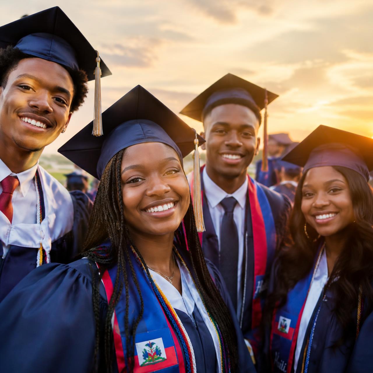 Smiling graduates in caps and gowns at sunset